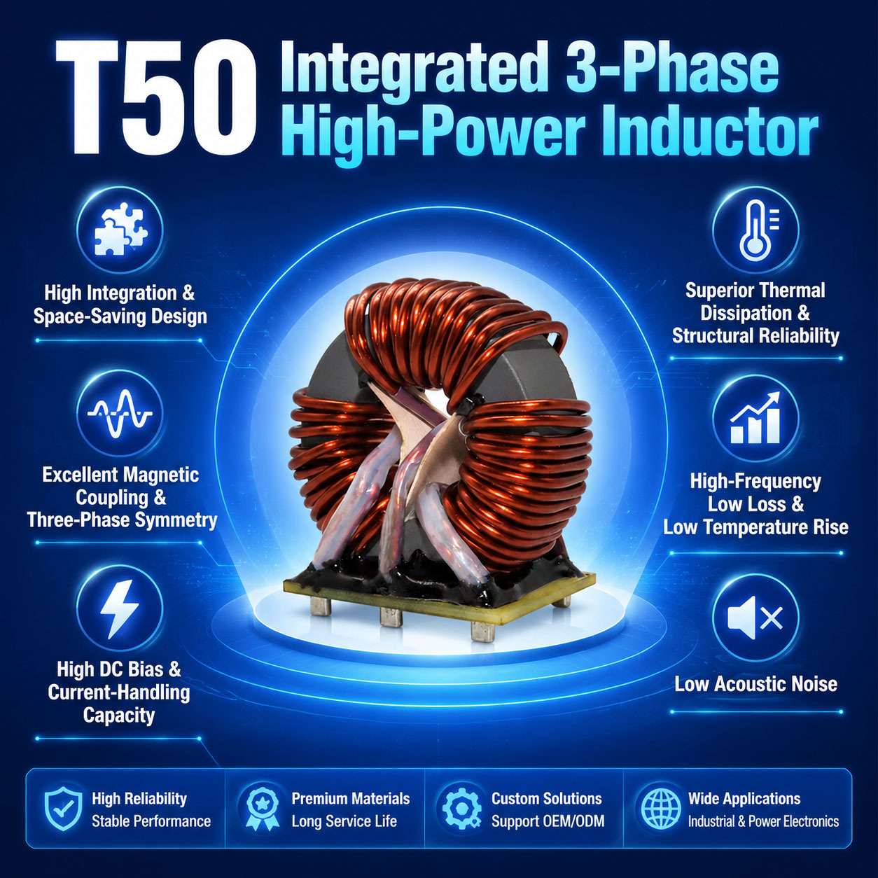 Custom T50 3-Phase Toroidal Power Inductor with Base High Power Filter Choke for Industrial UPS & Solar Inverters