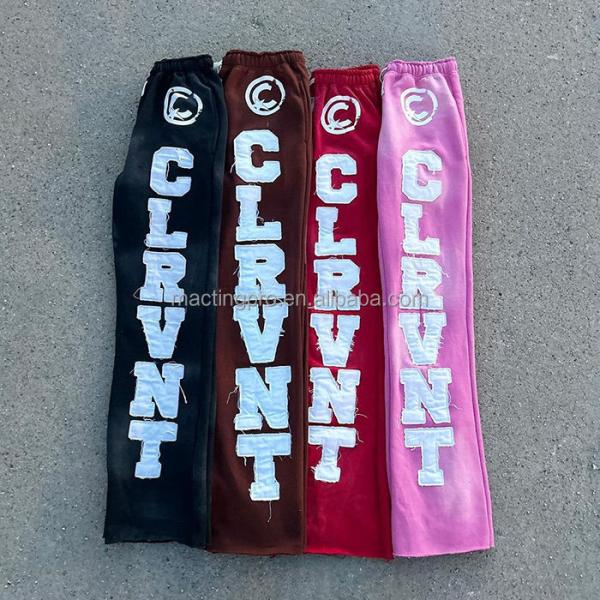 Flared Mens Sweatpants Black Oversized Cut Raw Hem Acid Wash Sunfaded Embroidery Patch