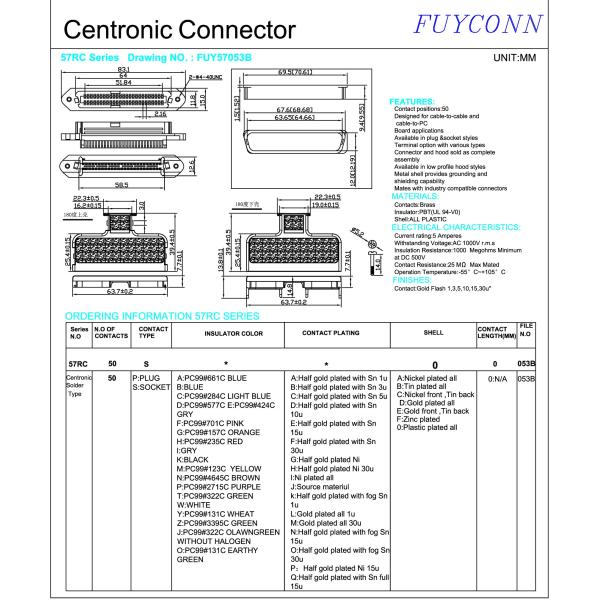 Разъем припоя Centronic штепсельной розетки Pin TYCO 50 с UL 180°Plastic аттестованным крышкой