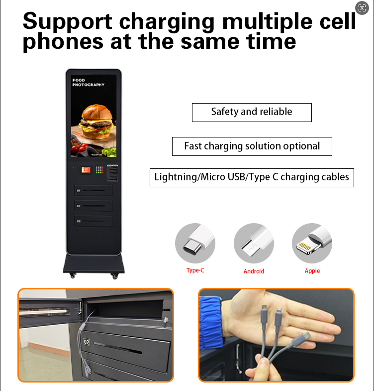 32 Inch Smart Phone Cell Phone Charging Kiosk  Wifi Digital Signage With 3 lockers