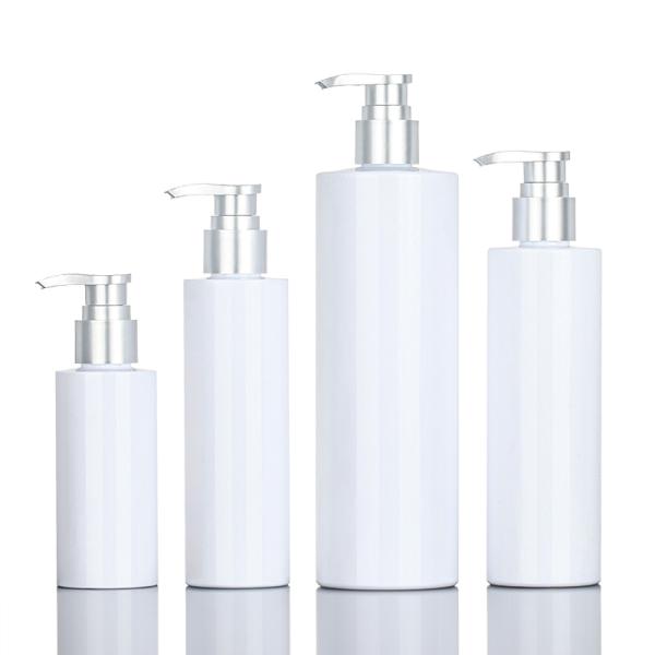 PET White Round Shower Gel 200ml 500ml Silver Top Serum Conditioner Plastic Shampoo Pump Skincare Packaging Bottle