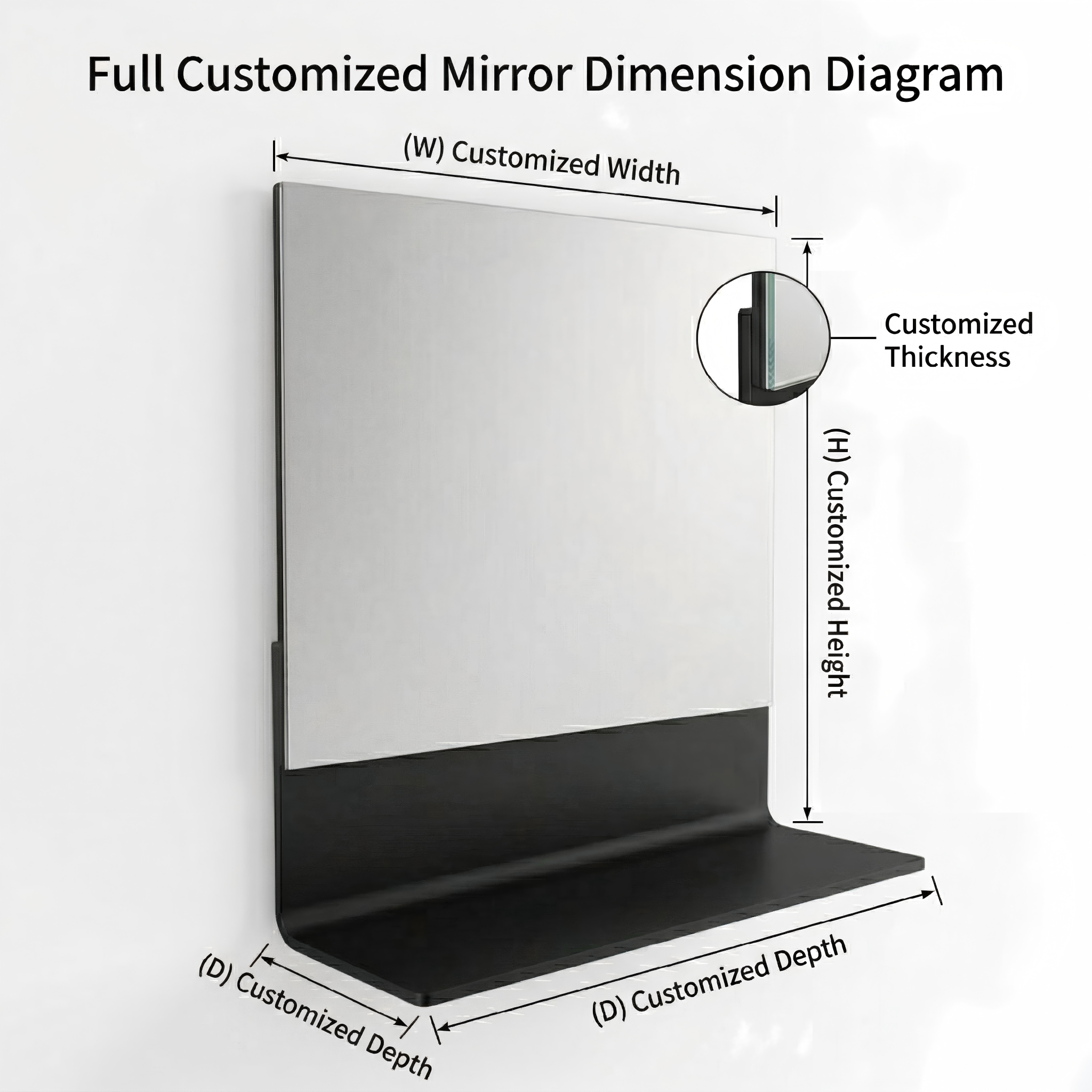 Kingstin Frameless Bathroom Mirror with Aluminum Shelf Wall Mounted Vanity Mirror Custom Size Modern Minimalist