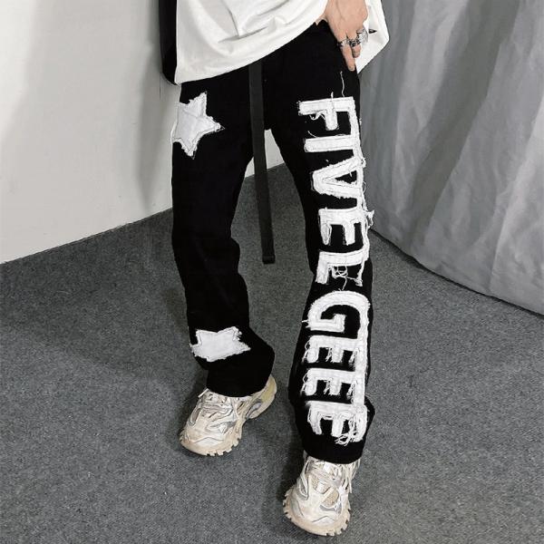 Mens Streetwear Track Pants Applique Graphic Embroidered Patches Acid Wash Mens Joggers