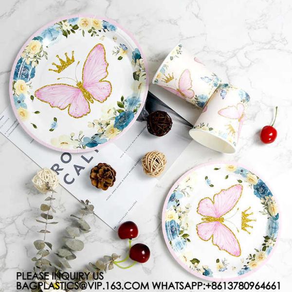 Birthday Party Decoration Festival Tableware Paper Plates Cups Purple Butterfly Party Supplies