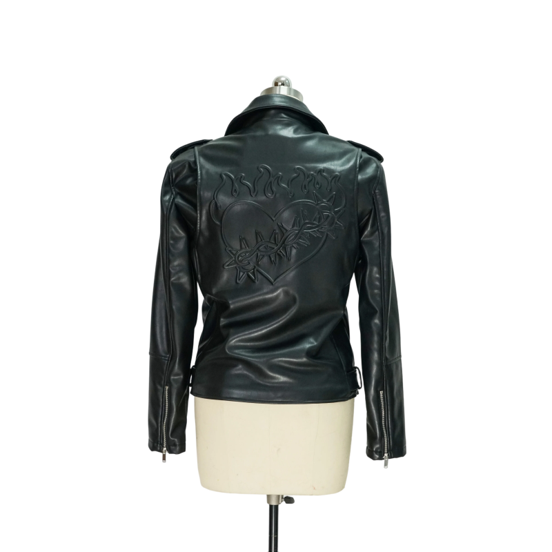 Shiny Black PU Moto Jacket with Zipper Pockets and Waist Belt for Women