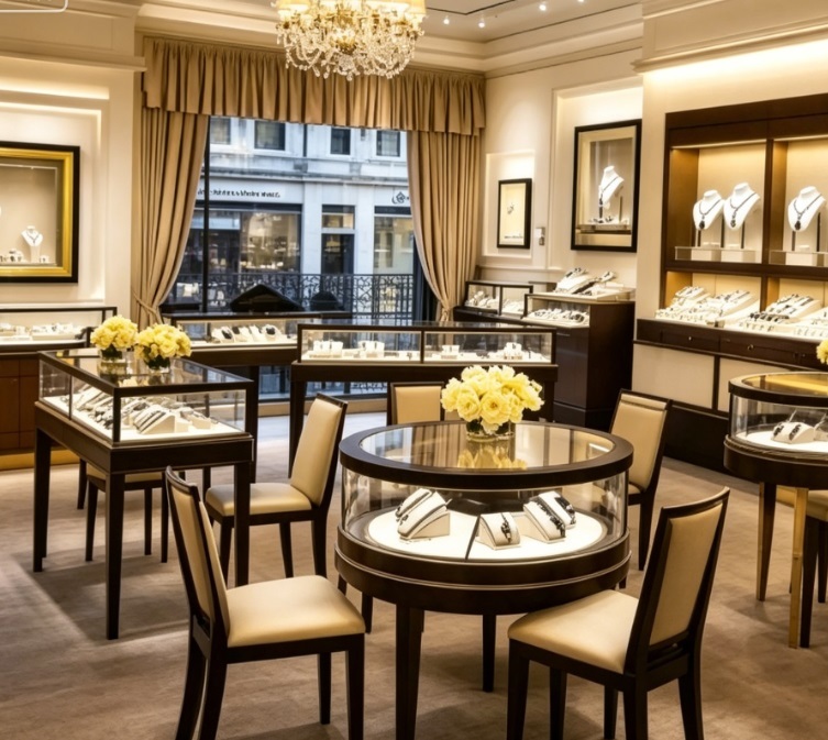 French Classic Walnut Wood & Cream Jewelry Store Interior Design, Complete Turnkey Fixture Package with Central Round Showcase