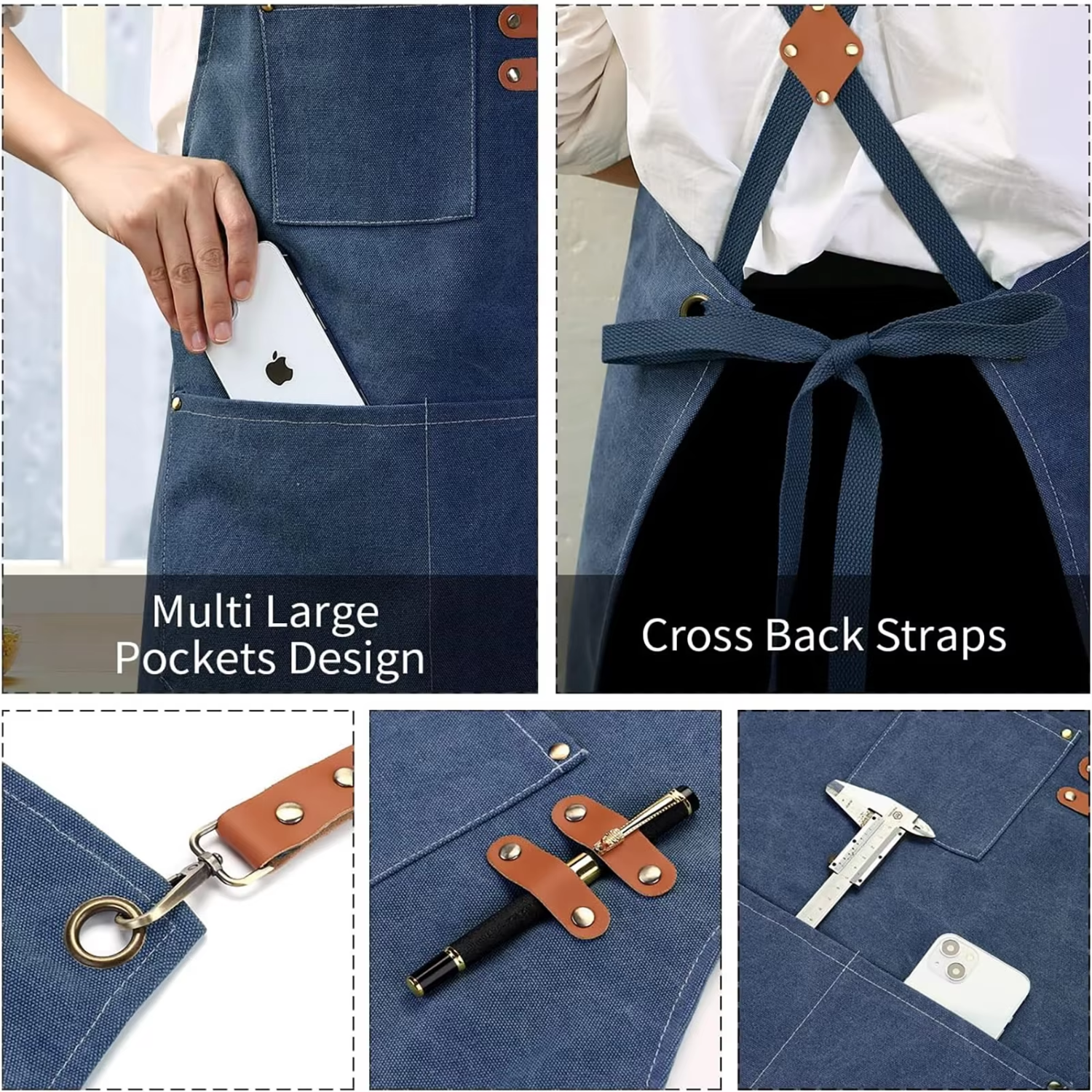 Aprons for Men Women with Oversized Pockets, 16-Ounce Cotton Canvas Cross Back Heavy Duty Work Apron Tool Apron (Navy Blue)