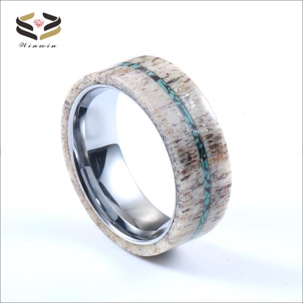 Men'S Wedding Tungsten Antler Ring 8mm With Turquoise Inlay Geometric Pattern