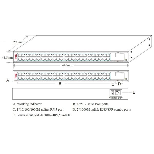 48 PoE Ports 30W Per Port 600W Total Power Gigabit Uplink PoE Fiber Switch