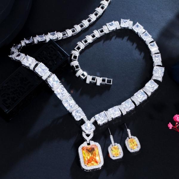 Square Shaped Pendant Necklace with Dazzling CZ Fashion Necklace Bracele Earring Wedding Necklace Jewelry Sets