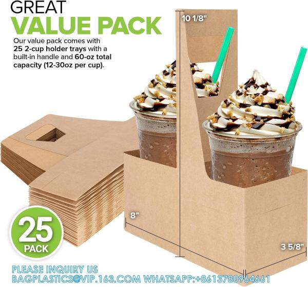 2 Cup Disposable Drink Carrier With Handle (25 Count) - Kraft Paperboard Cup Holder - Disposable Cup Holder For Hot