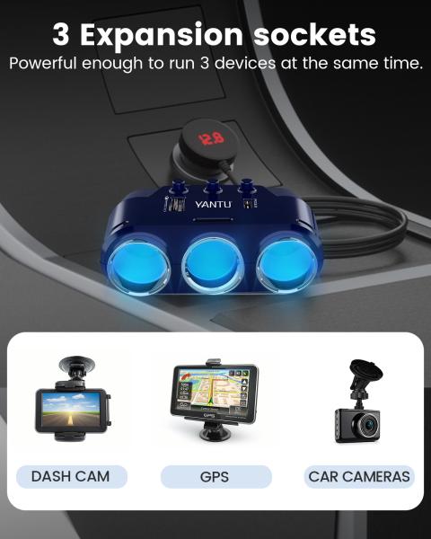 YANTU B39-C Mini Car Charger 3 Sockets 2 USB Ports 12V QC PD with Voltage Monitoring