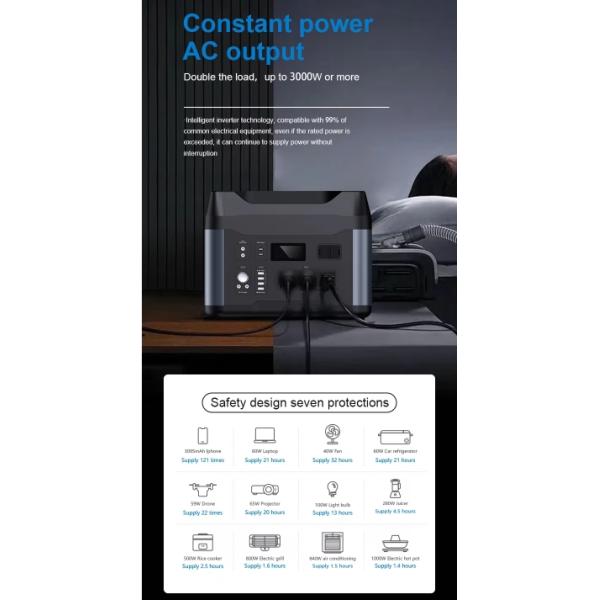 Estación de energía portátil Batería de litio 1500W salida de corriente al aire libre para acampar al aire libre