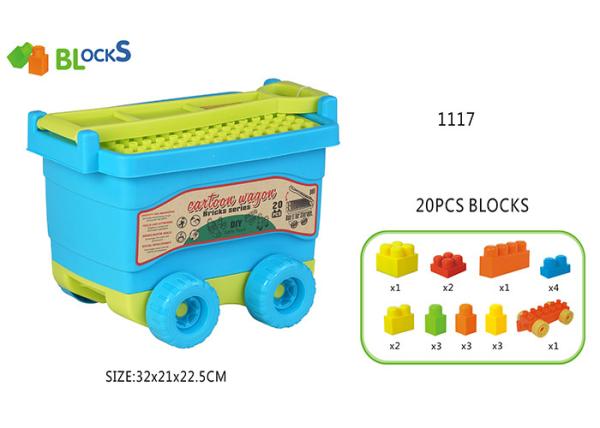 17   Building Blocks Toys For Toddlers Movable Wagon 32 Pcs Blue Pink Big Wheel
