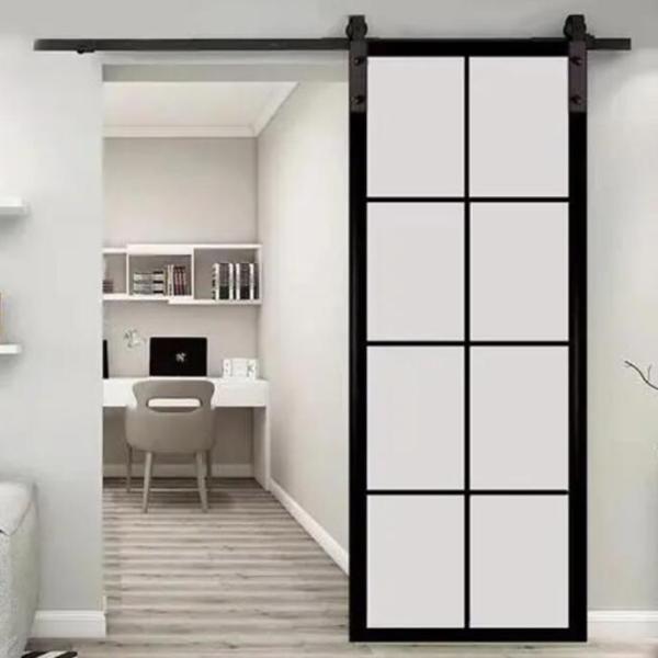 Frosted Glass Aluminum Steel Frame Interior Barn Door With Sliding Hardware
