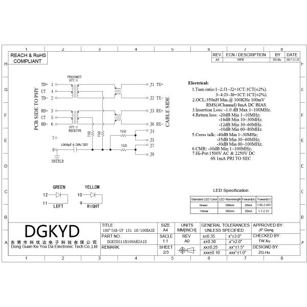 RJ45 Ethernet port connector 180 ° direct insertion 100Mbps integrated transformer DGKYD511B109AB2A1D