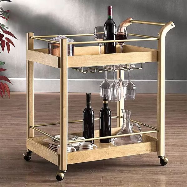 Multi Functional Modern Iron and Wood Trolley Featuring Finest Wooden Cart Wheels Suitable Hotels Bars