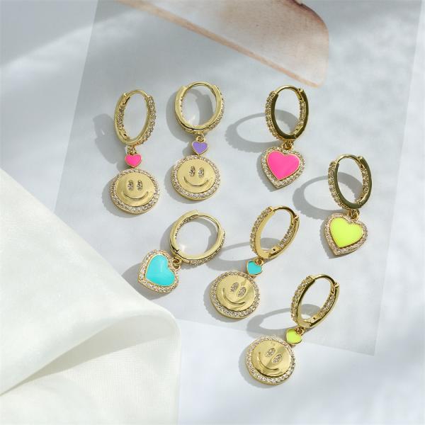 Women Rhinestone Hoop Earrings Jewelry Classic Smiley Face Gold Pendant