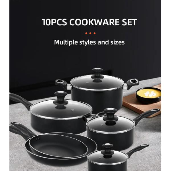 Hot Sale 10 Pcs Aluminum Cooking Pot Set Custom Pots And Pans Cookware Black Nonstick Cookware Sets With Glass Lid