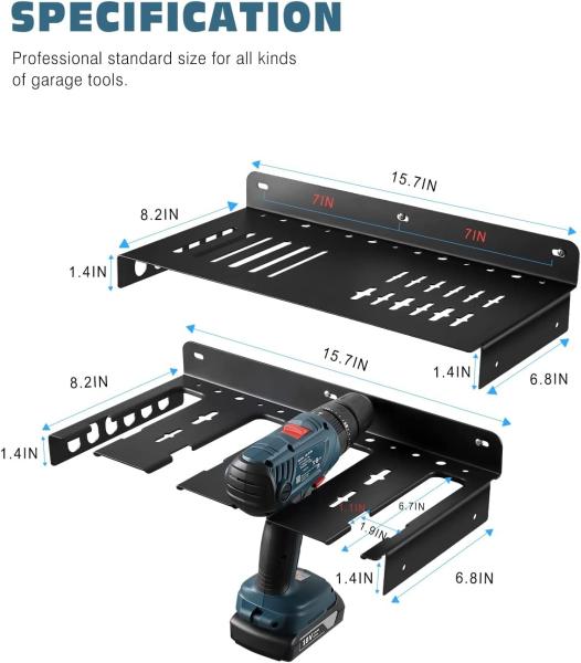 Power Tool Organizer Wall Mount with 5 Drill Hanging Slots and 2 Shelf Cordless Drill Storage