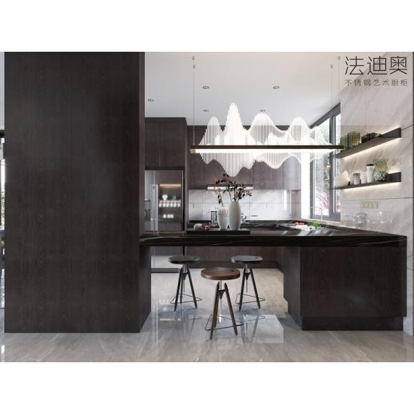 Luxe Espresso Wood Grain Stainless Steel Cabinets For Timeless Kitchen Elegance
