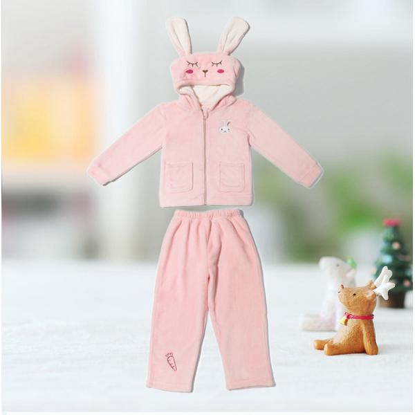 Children's Sleepwear Sets with Warm Coral Fleece Fabric and Cute Rabbit 3D Hat