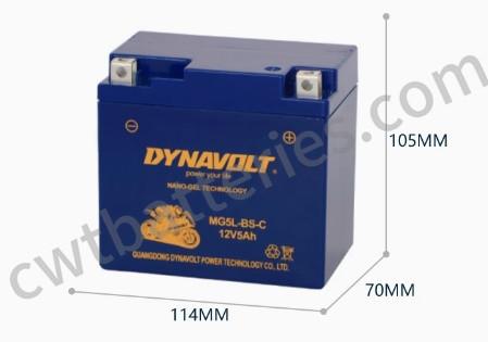 Nano Gel MG5L-BS-C Dynavolt Motorcycle Battery 12V 5Ah CCA:170 OEM