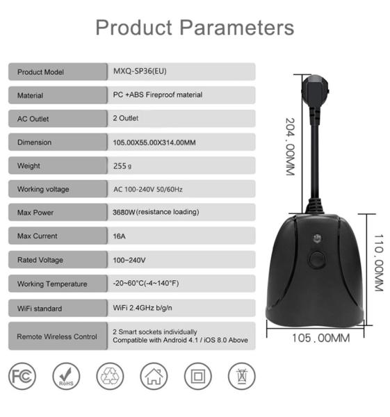 PC ABS Material WIFI Smart Plug Electric 2 Gang Brazil Power Socket IP44 Waterproof