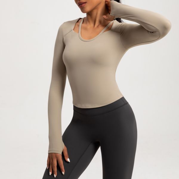 Brown Cutout Long Sleeve Yoga Top Buttery Soft Compression Fabric Thumbholes Design for Workout Running and Daily Wear