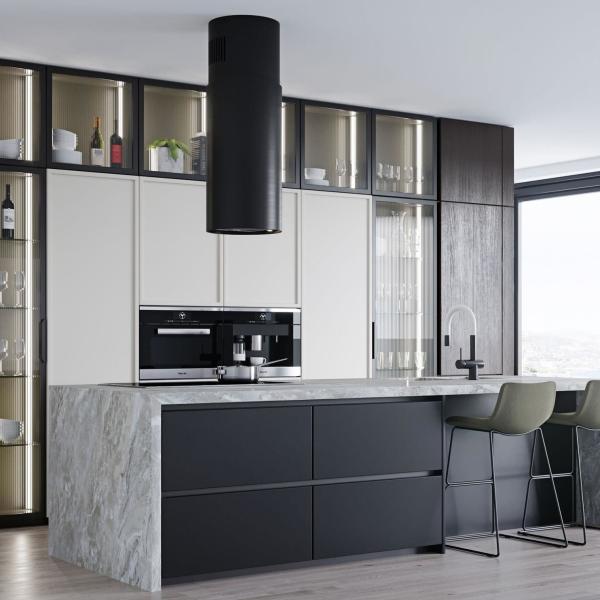 Muebles de cocina de madera maciza en el hogar incluye una encimera de superficie sólida para el salón