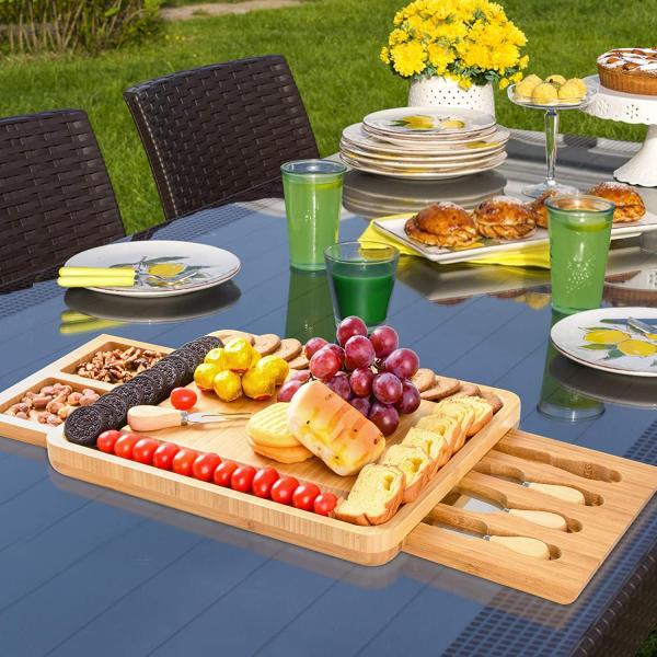 Double Side Wooden Serving Tray Bamboo Cheese Board Hidden Drawer Cheese Servers