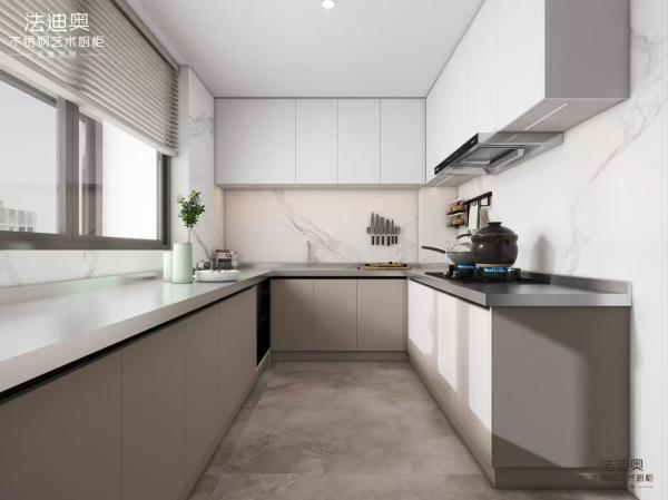 Fadior L Shaped  Stainless Steel Kitchen Soft Gray Lower Units And White Upper Units With Seamless Design  And Hygienic Surface