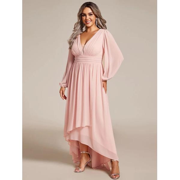V-neck Plus Size Enchanting Lotus Leaf Lantern Sleeve Pleated Empire High Waist A-line Dark Green Chiffon Prom Dress