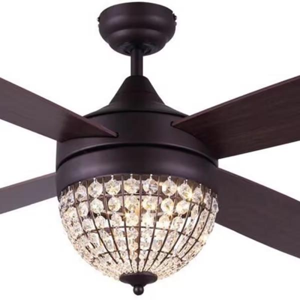 Ventilateur de plafond moderne de luxe de 52 pouces avec refroidissement par air, ventilateur de lampe en cristal, ventilateur de plafond ORB avec 4 pales en contreplaqué, télécommande incluse