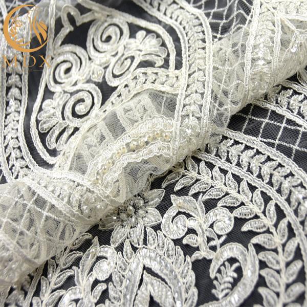 135cm Width Pure Hand Beaded Embroidery White Bridal Lace Fabric Water Soluble