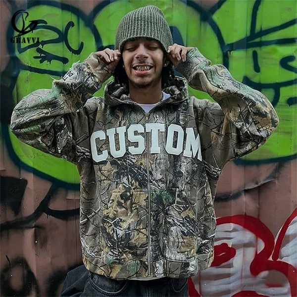 Custom Camouflage Streetwear Print Oversized Zip Up Hoodies With Pocket