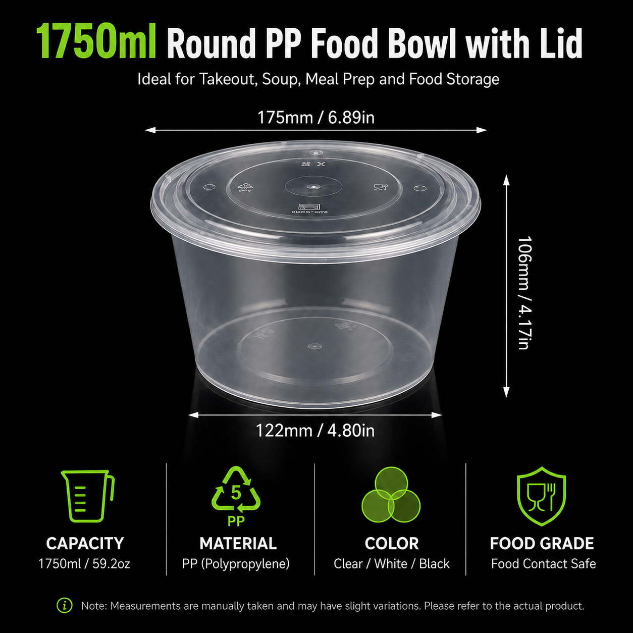 Tall PP Takeaway Disposable Soup Bowls 1750ml Lidded for Commercial Kitchens
