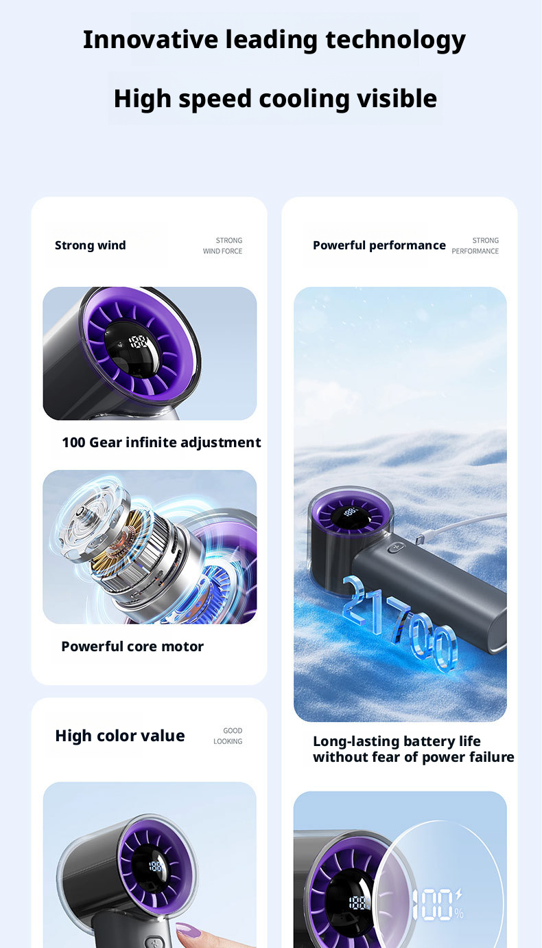 High Speed Quiet Mini Portable Fan With 3000mAh Battery Handheld USB Blower Fan