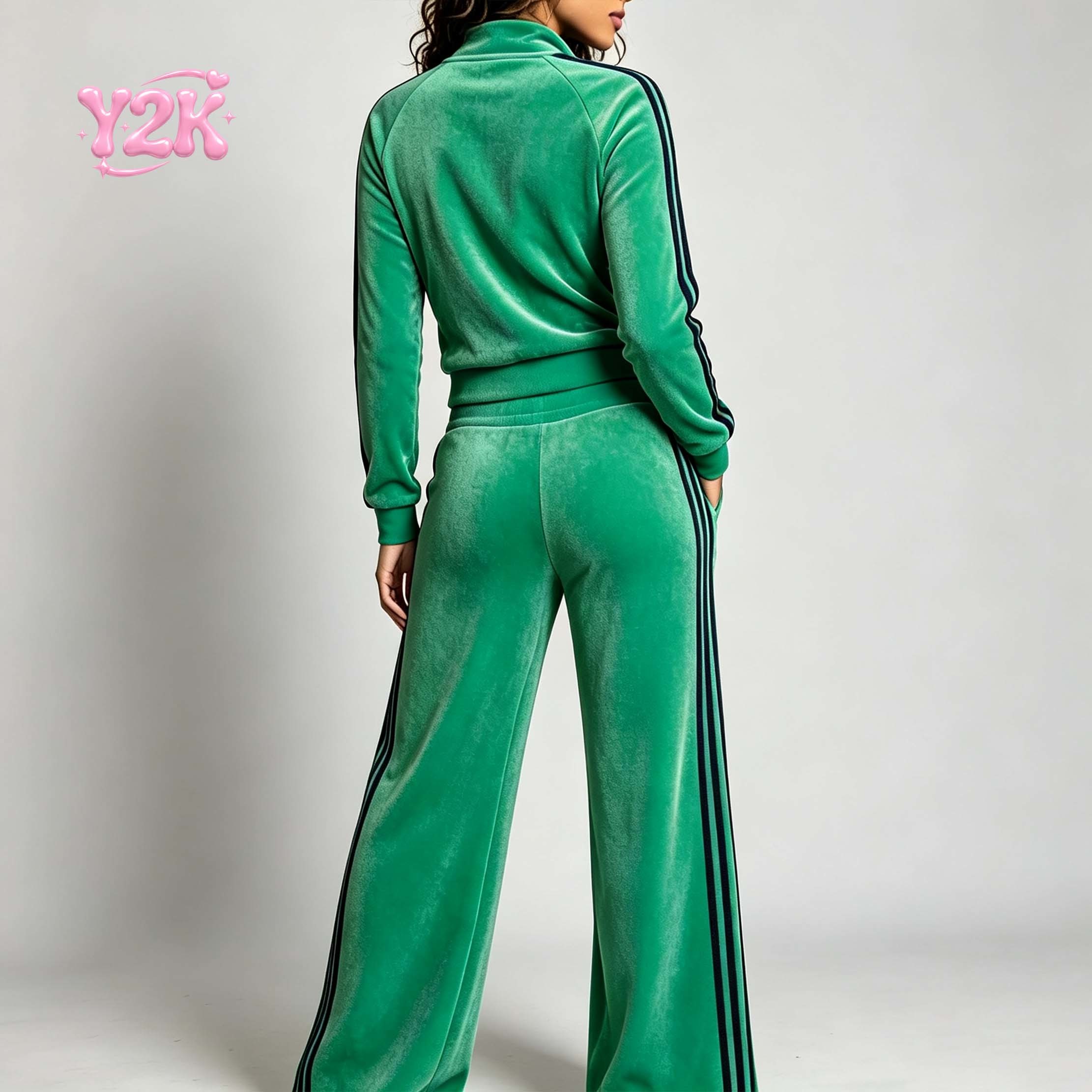 Custom Women's Side Stripe Velour Zip Jacket Flare Pants Set