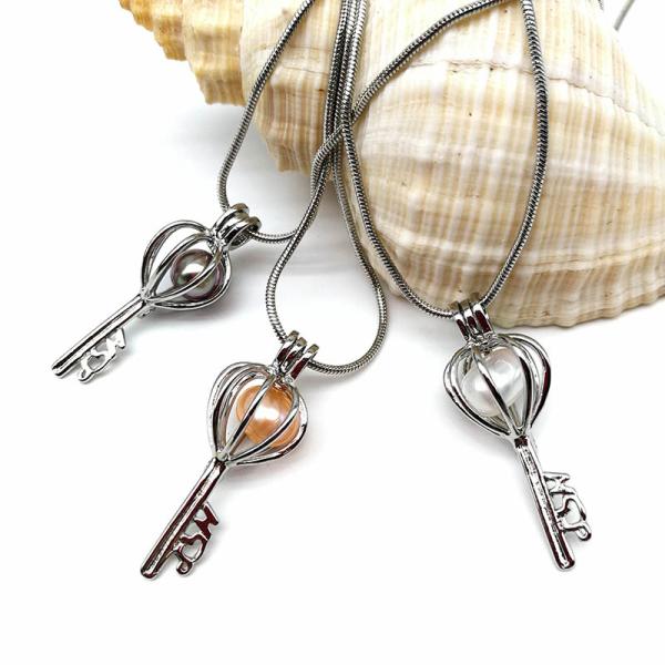 Antique Silver Key Locket Cage Charms Necklaces Pendants with 6-7mm Rice Shape Real Freshwater Pearl