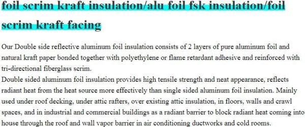 Foil crim kraft insulation,Alu foil FSK insulation, FOIL scrim kraft facing, reflective aluminium foil insulation,bonded