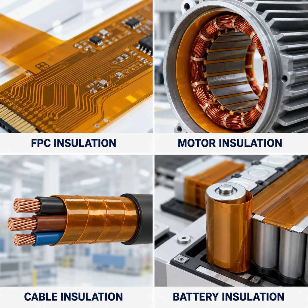 Pure Polyimide Film (Non-Adhesive PI Film / Electrical Insulation Film) for Motors, Transformers, Cables and Battery Modules - Custom Rolls, Sheets and Die-Cut Parts