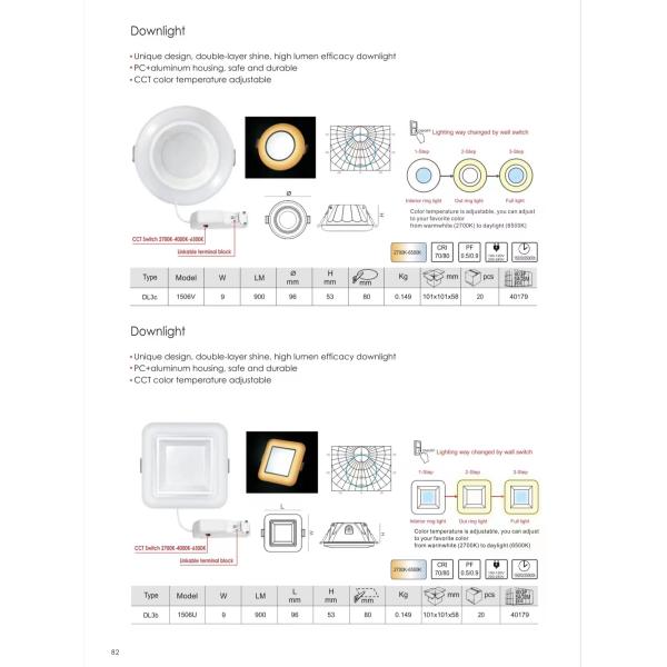 100lm/w 3-Step 2700K-6500K Interior Lighting Muare Recesseini Track Wall Washer Spotlight Led Downlight Ceiling Recessed Cob Down Light