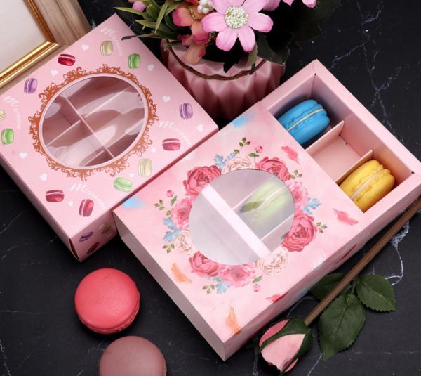 Pink Feather Rose Macaron Gift Box With Clear Window Elegant French Dessert Packaging For Parties Weddings Favors