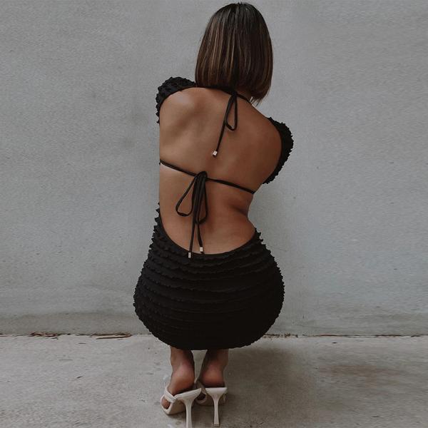 Mid Length Halter 110cm Sexy Short Sleeve Dress Perspective Backless