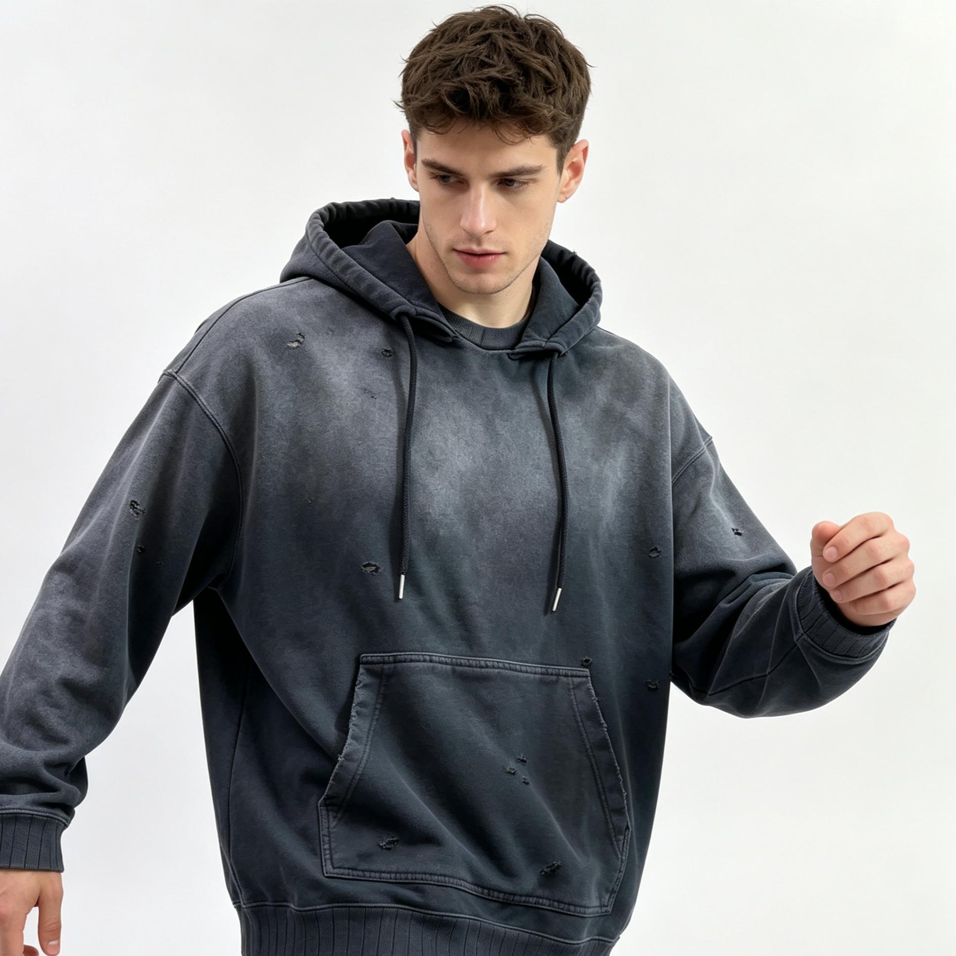 American Retro Stone Wash Hoodies Custom Distressed Zip Up Hoodie For Men
