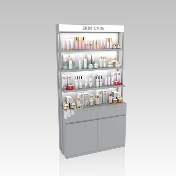 Gray Wooden Display Cabinet Multilayer Store Rack With Light-box For Skincare Store Design
