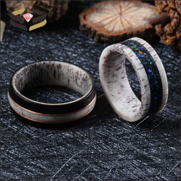 Starry Opal Inlay Deer Antler Wedding Band 8mm with Invisible Setting