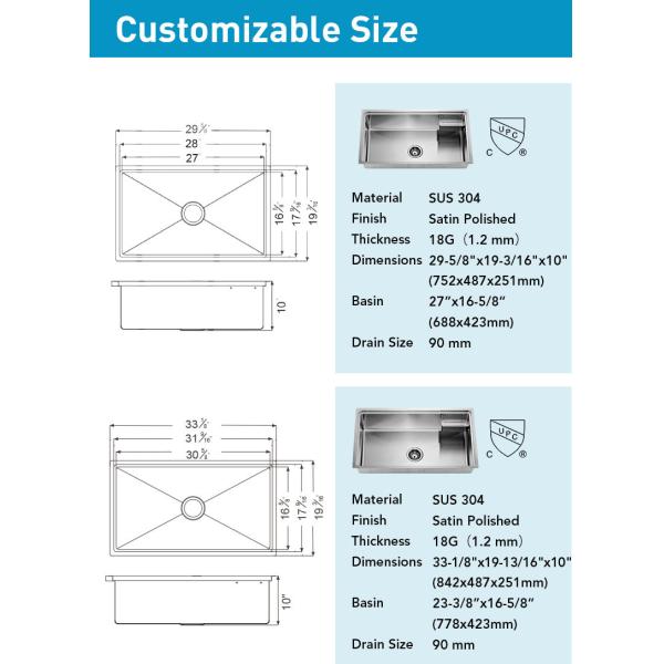 Rectangular 33 Inch Stainless Steel Kitchen Sink With Satin Polished Finish