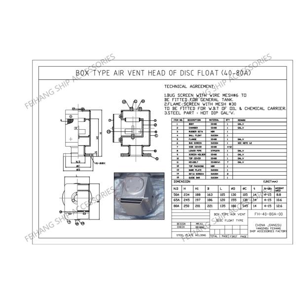 DN100 pour le réservoir d'eau douce